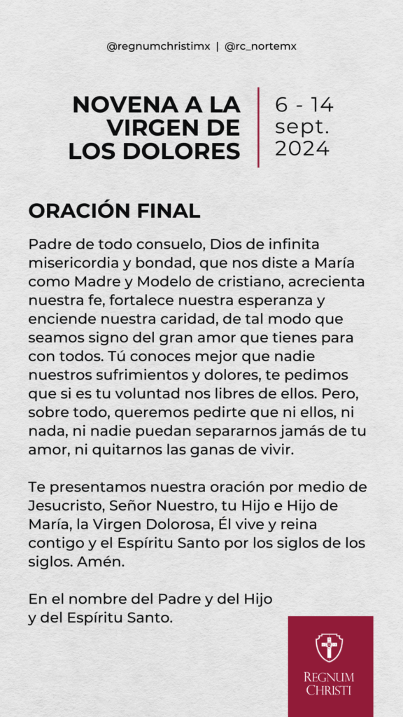 Oración final Novena a la Virgen de los Dolores